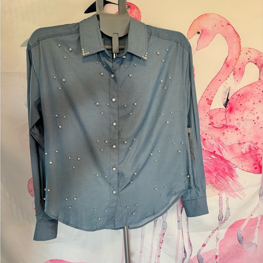 NWT Trendmates Light Blue Pearl-Scatter Embellished Button Down Shirt